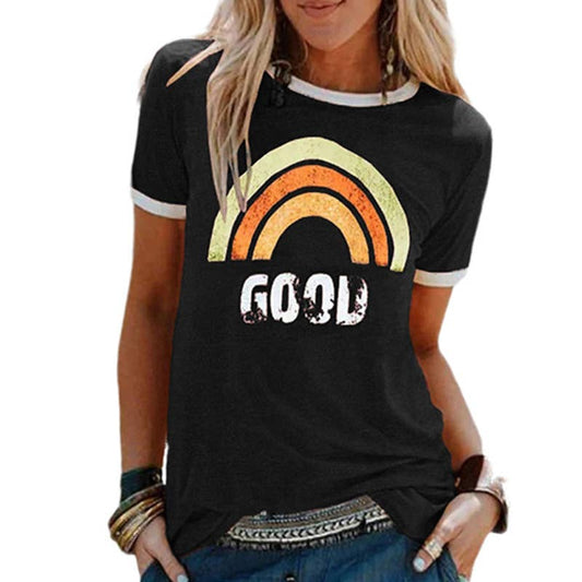 Good Rainbow Print Crew Neck Short Sleeve T-Shirt