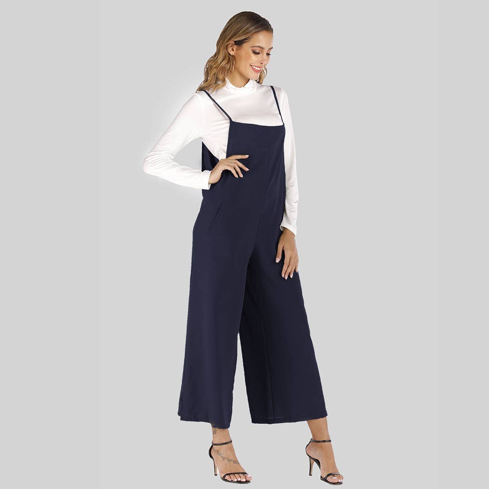 Solid-color straight-leg overalls jumpsuit