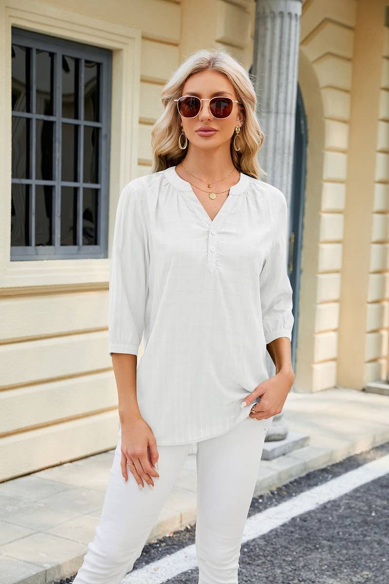 V NECK BUTTON UP T SHIRT_CWTSTS0283