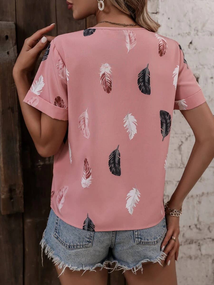 V-NECK FEATHER PRINT SHORT-SLEEVED LOOSE T-SHIRT