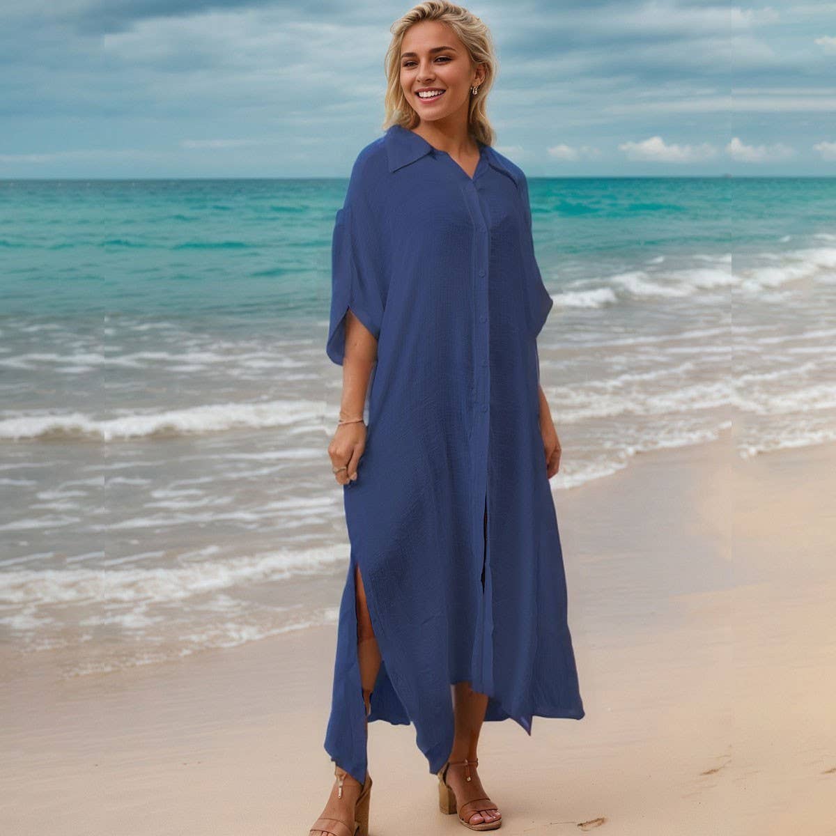 Bamboo Cotton Beach CoverUp Solid Color BikiniShirt_CWMM6300