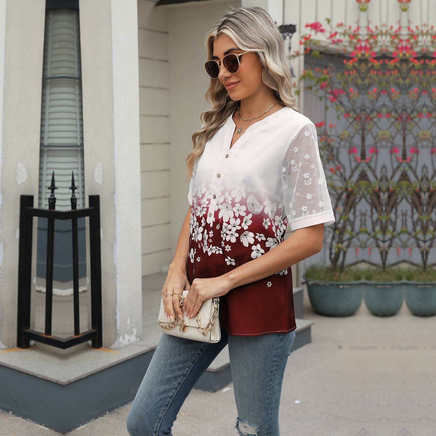 Patchwork Lace Sleeve V-Neck Print Chiffon Shirt