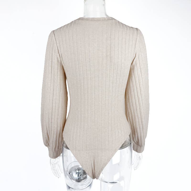 Lantern sleeve long sleeve V knit bodysuit