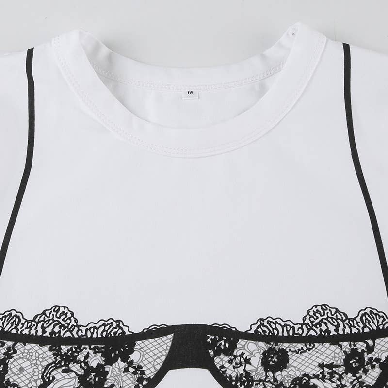 Lace underwear print base crew neck T-shirt