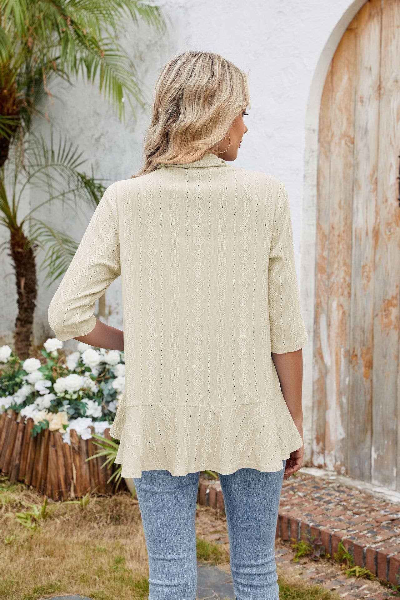 Three-quarter sleeve ruffled solid color cardigan