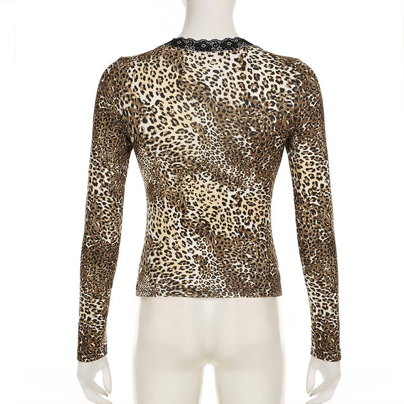 SQUARE COLLAR LEOPARD PRINT LACE LONG SLEEVE TOP