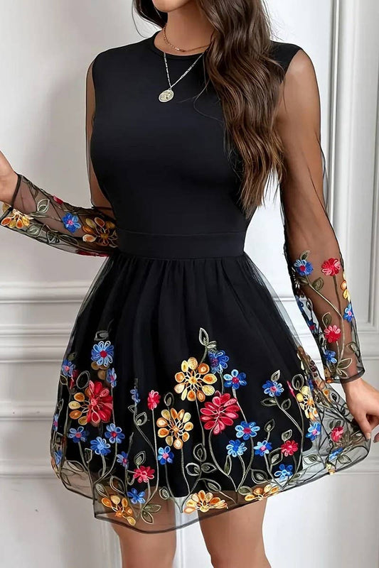 CWDSD8868_FASHION PRINTED MESH LONG SLEEVE DRESS