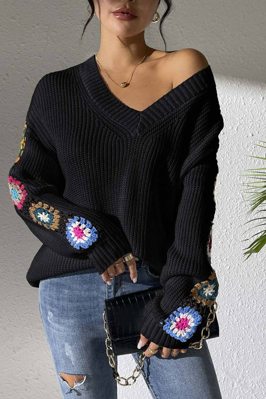 CWOSWL07307_WOMEN COLORBLOCK V-NECK LOOSE KNIT SWEATER