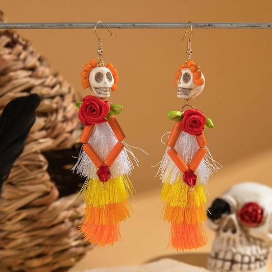 CWAJE2507_HALLOWEEN SKULL TASSEL RICE BEAD EARRINGS