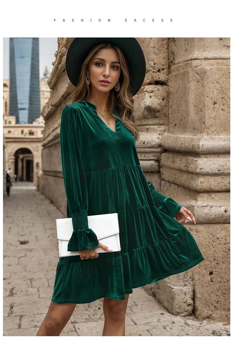 CWDMD3552_V-NECK LONG-SLEEVED SOLID COLOR VELVET DRESS