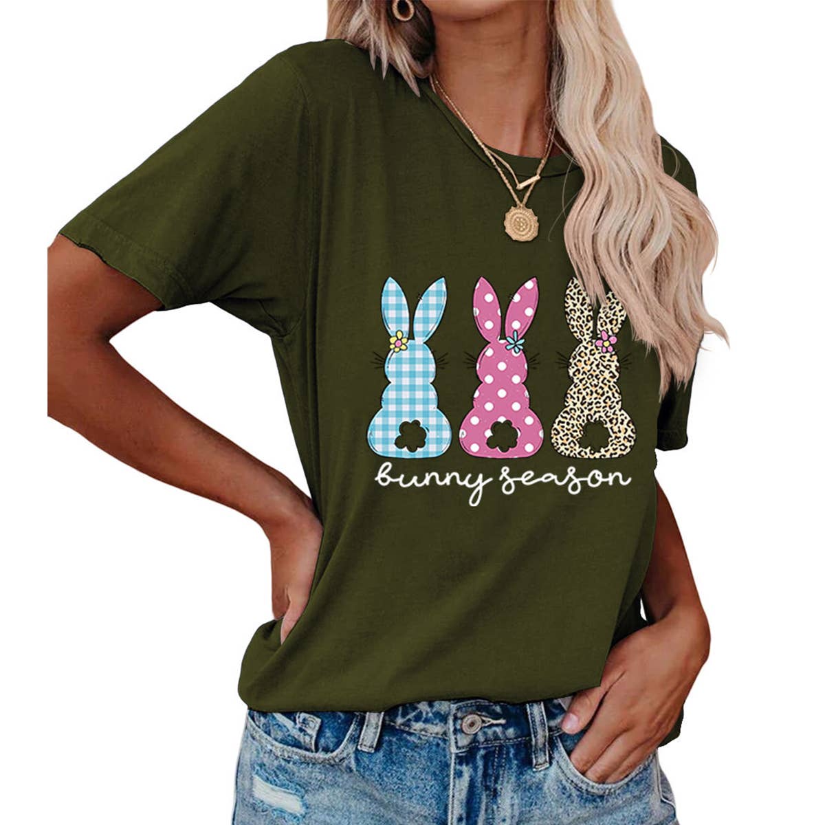 EASTER ROUND NECK LOOSE BUNNY PRINT T SHIRT_CWTTS0856