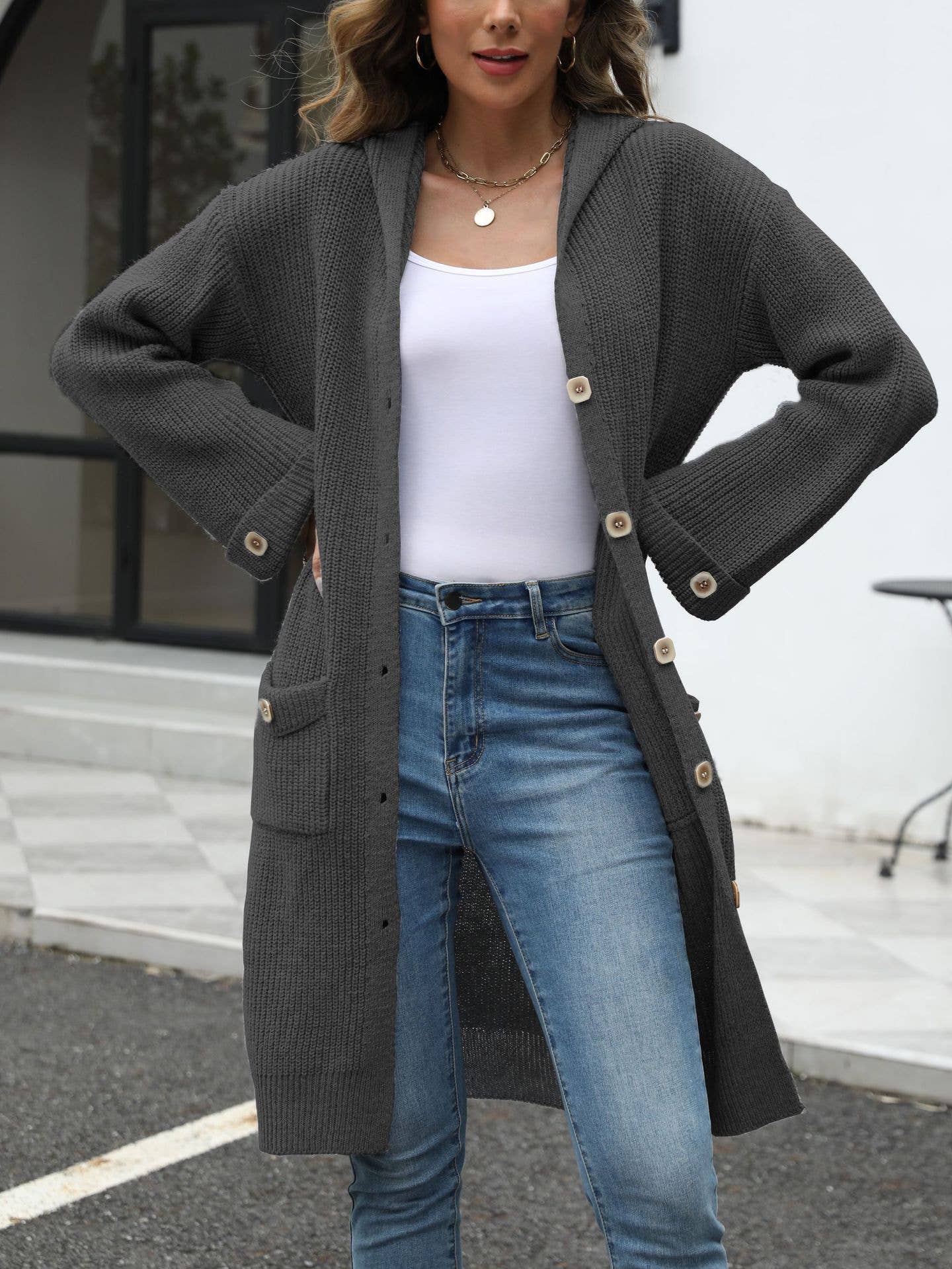 V-NECK LOOSE SOLID COLOR HOODED CARDIGAN