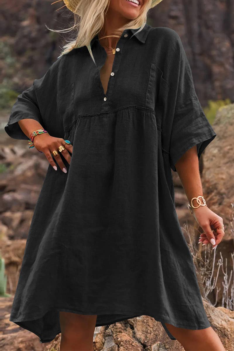 CWDSD8007_LOOSE SOLID COLOR CASUAL BUTTON FASHION DRESS