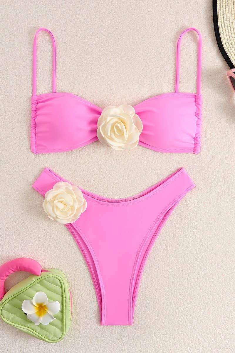 CWMW0876_SOLID COLOR 3D FLOWER SPLIT BIKINI SWIMSUIT