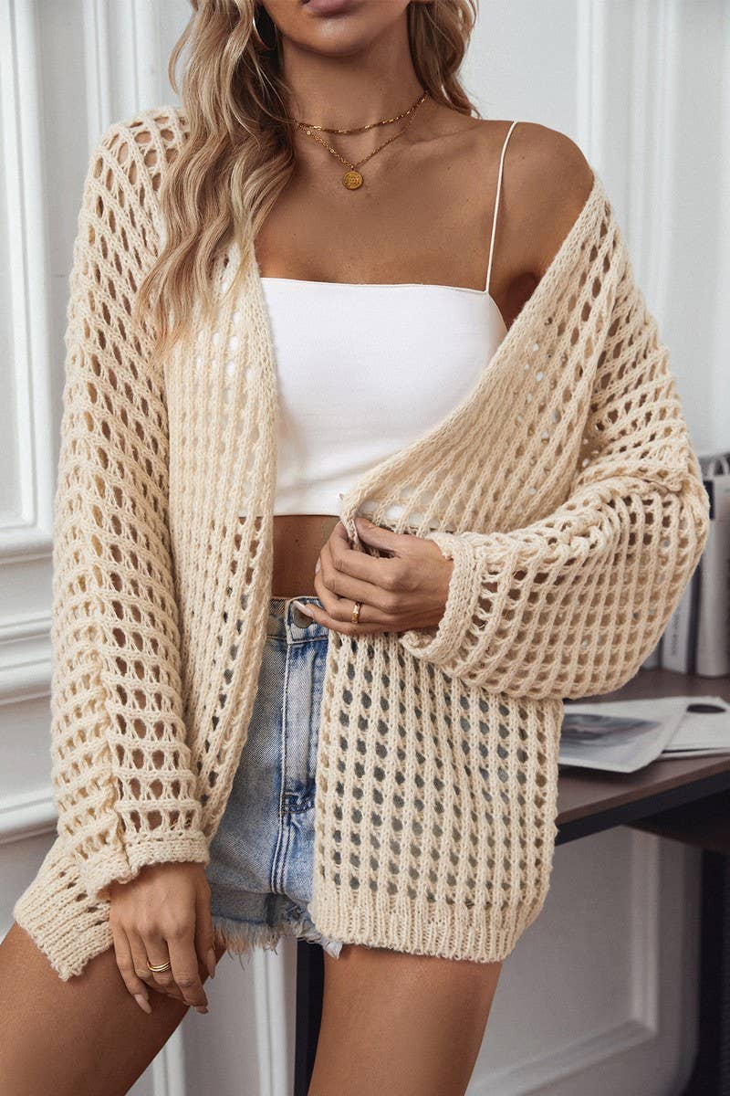 CWOCAL0838_SOLID COLOR HOLLOW LONG-SLEEVED KNITTED CARDIGAN
