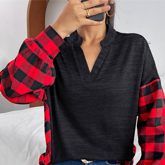 Classic casual patchwork plaid long-sleeved top_cwtbll1768