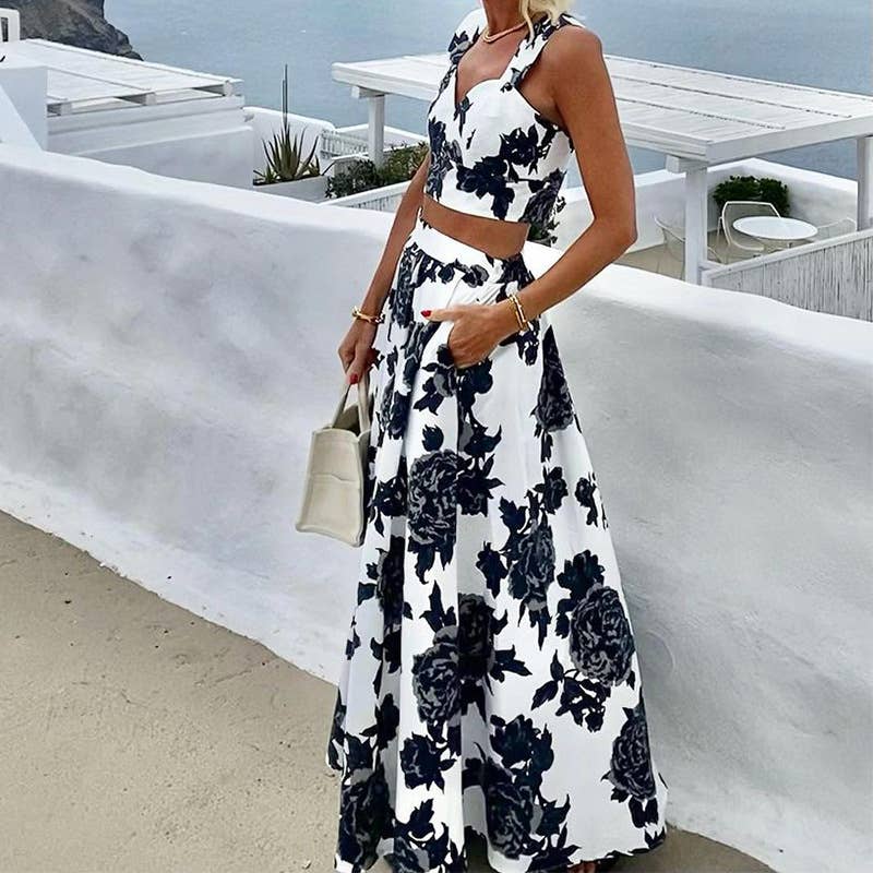 FASHION PRINT HALTER TOP SKIRT TWO-PIECE SET