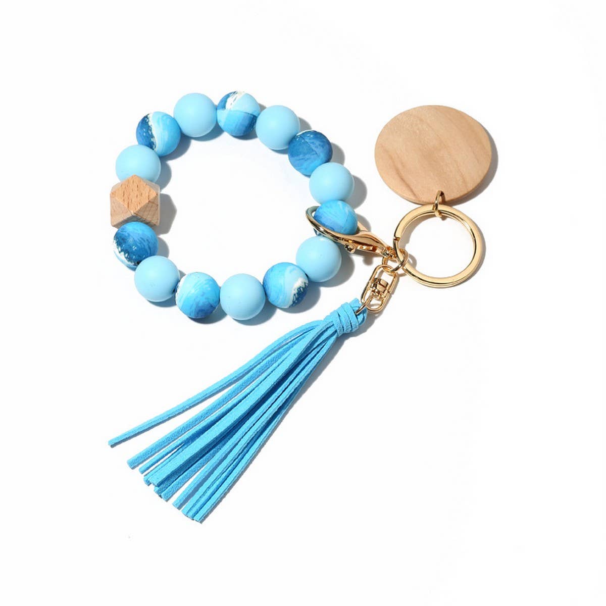 Silicone Bead Bracelet Keychain with Beech Wood