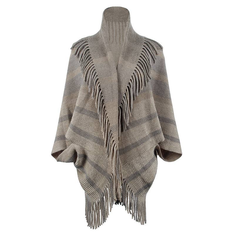 FRINGED CAPE COAT KNITTED STRIPED CAPE WOMAN