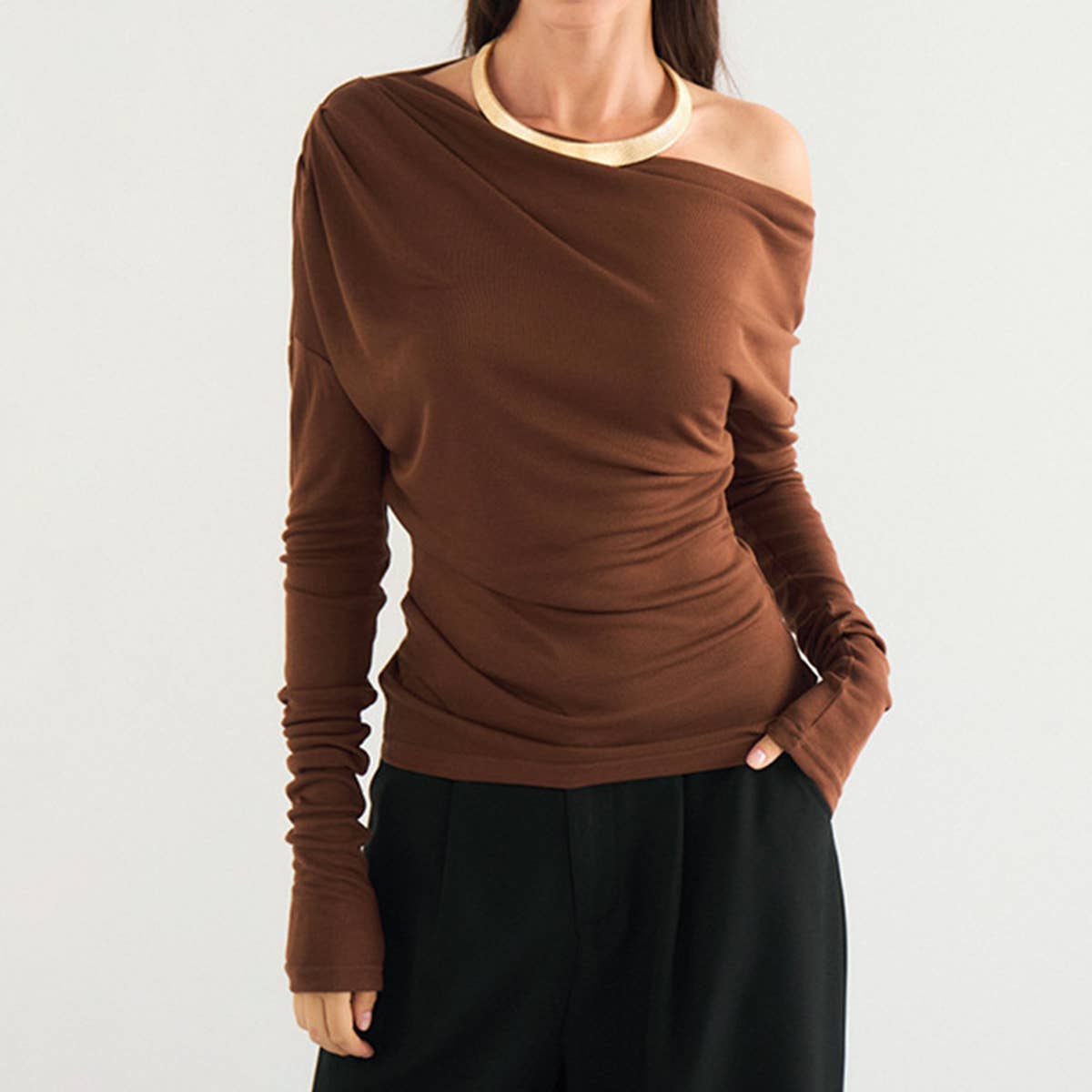 SOLID COLOR SLANT NECK OFF-THE-SHOULDER TOP