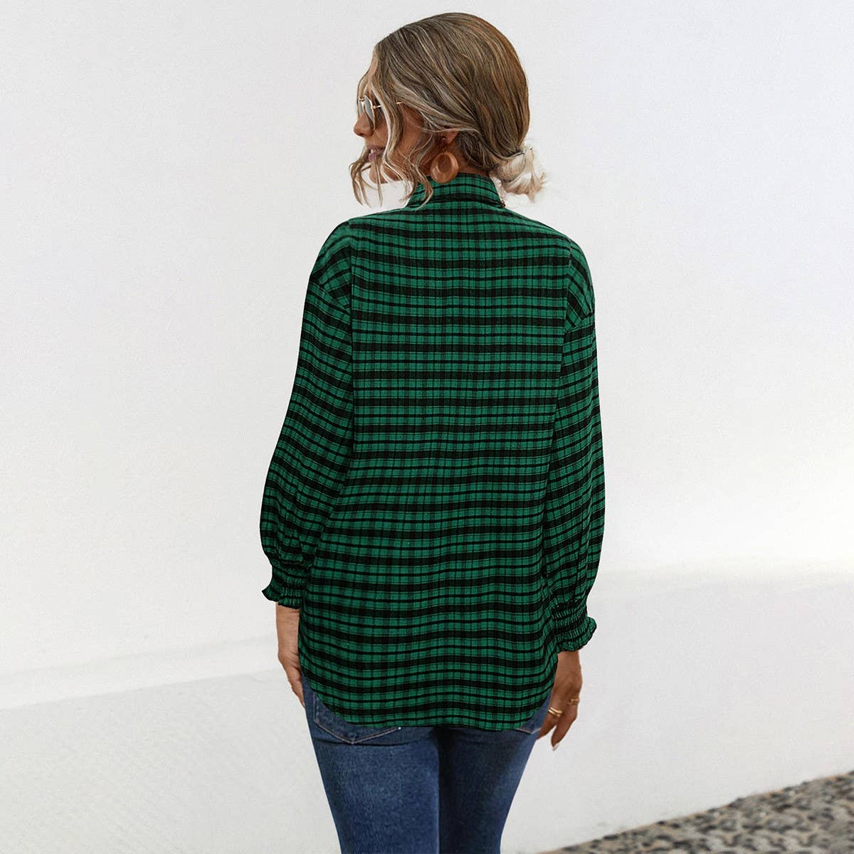 Temperament loose puffed sleeve plaid shirt