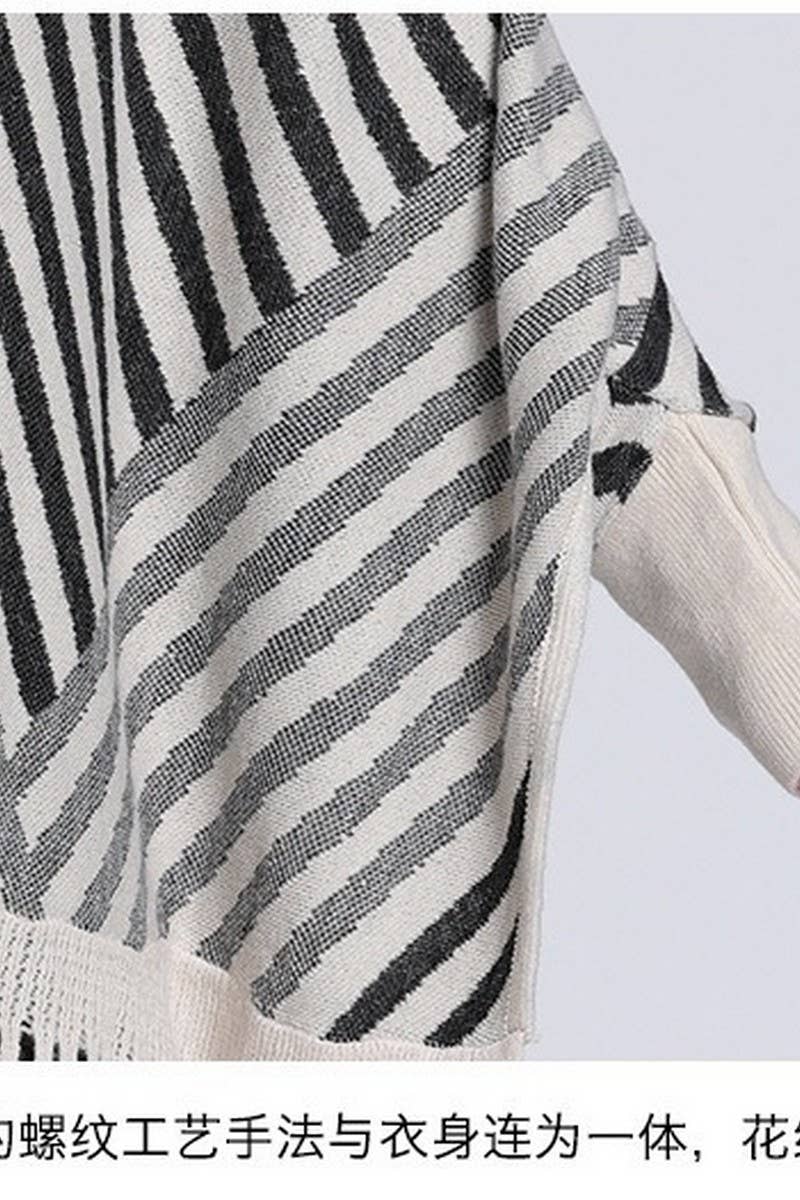 CWOCAL0971_STRIPED FRINGED KNITTED CAPE CARDIGAN