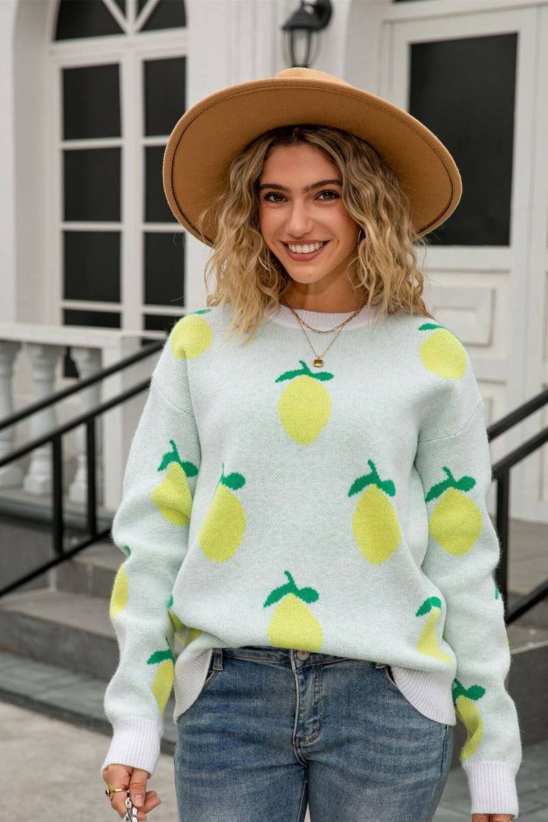 CWOSWL07604_LOOSE LEMON PRINT CREWNECK KNIT TOP