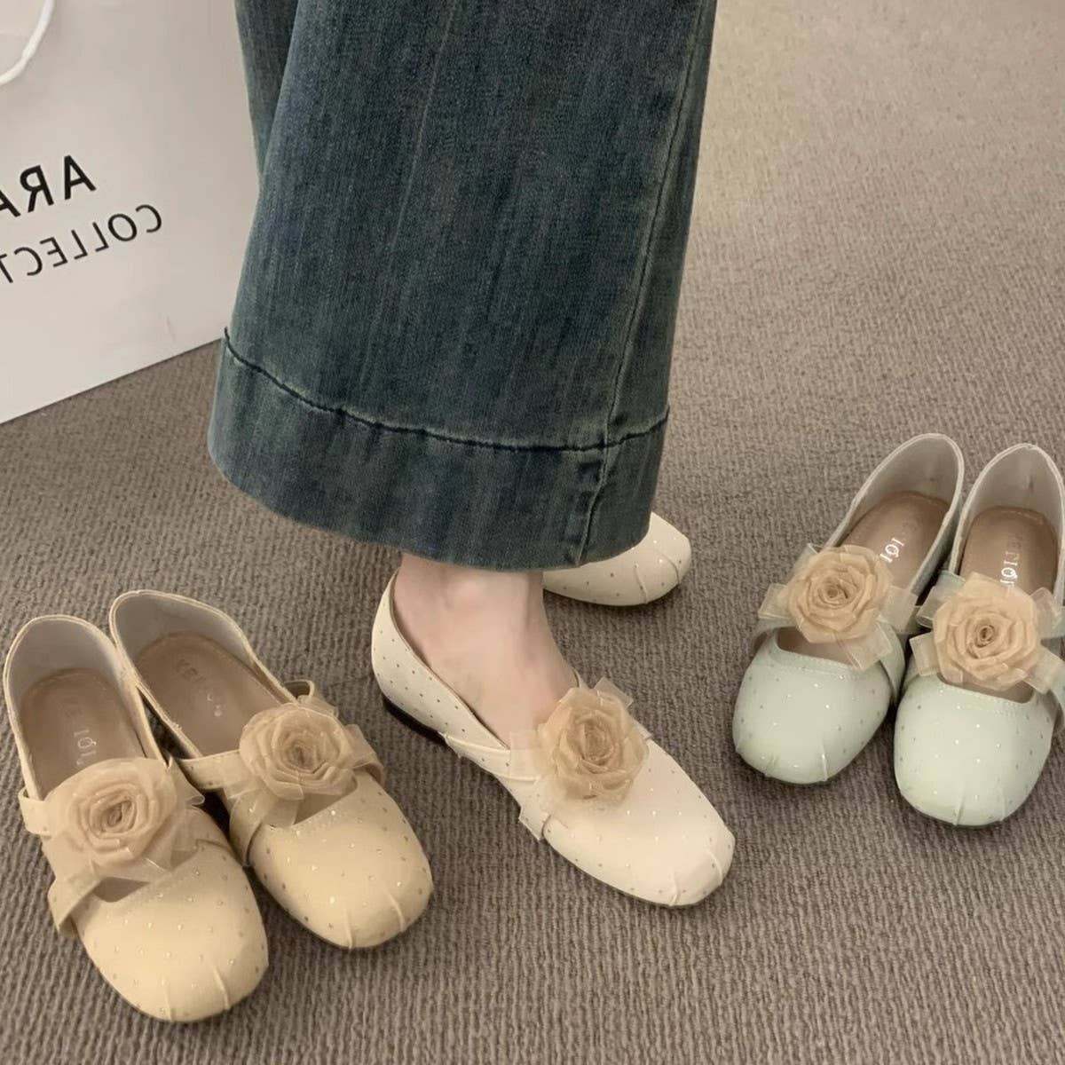 Floral Wedge Round Toe Cross Strap Mary Janes