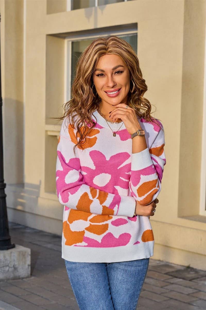 CWOSWL07600_FLORAL PRINT LONG SLEEVE KNIT SWEATER