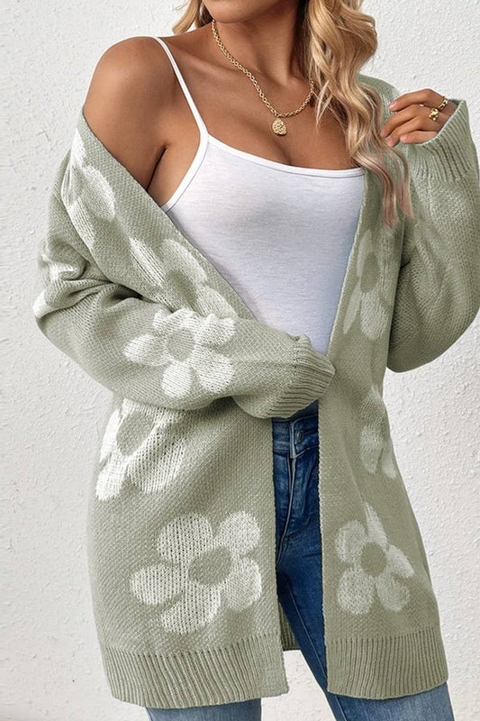 CWOCAL0755_MID-LENGTH CONTRASTING FLORAL KNITTED CARDIGAN