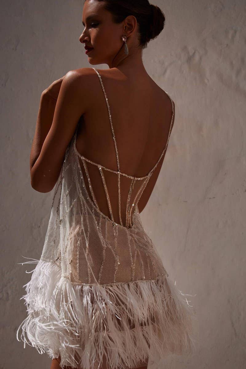 CWDSD8131_SEQUIN TASSEL MESH LAYERED BACKLESS PARTY DRESS