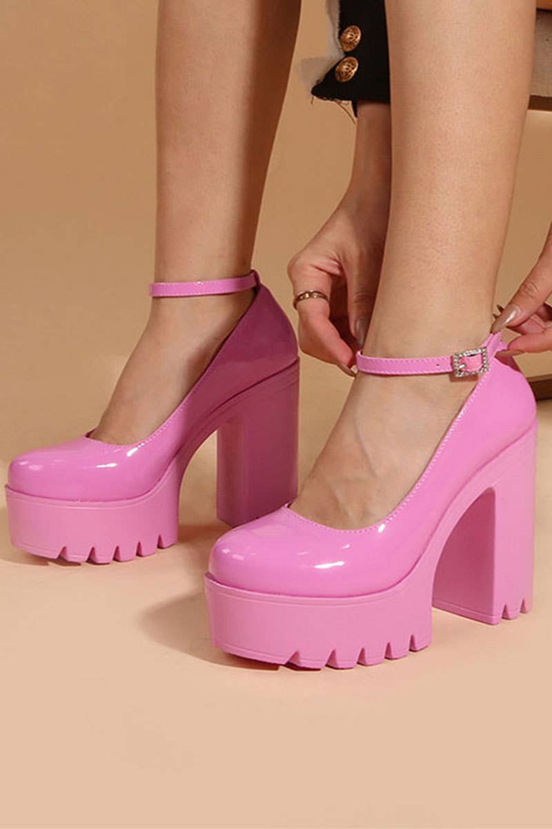 WOMEN PINK CHUNKY HEELED ANKLE STRAP ROUND PUMPS