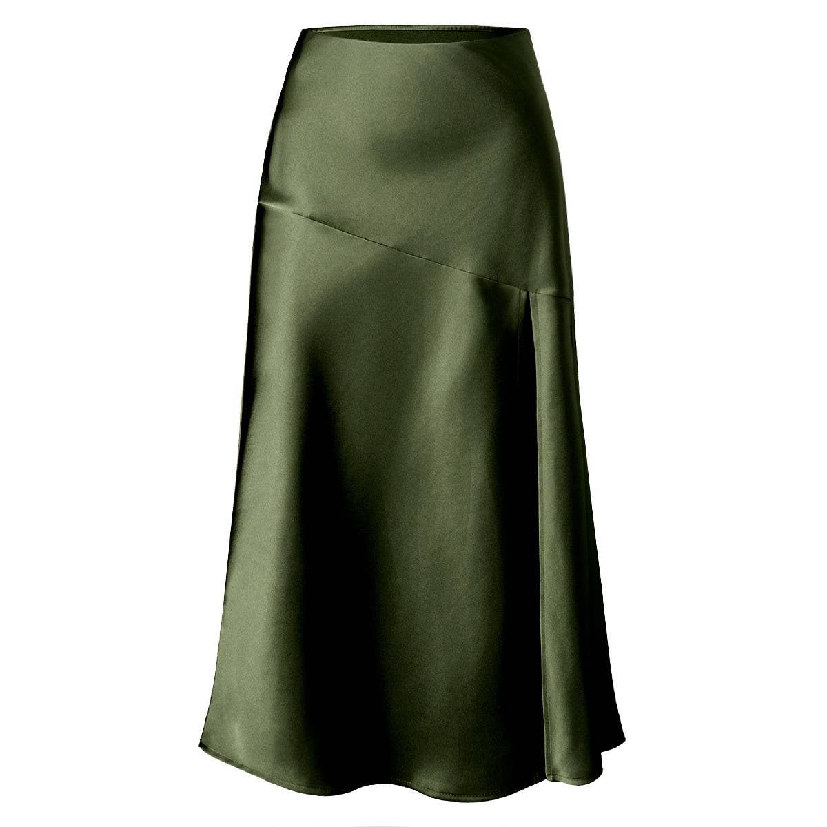 SATIN SKIRT HIGH WAIST ELASTIC SLIT LONG SKIRT