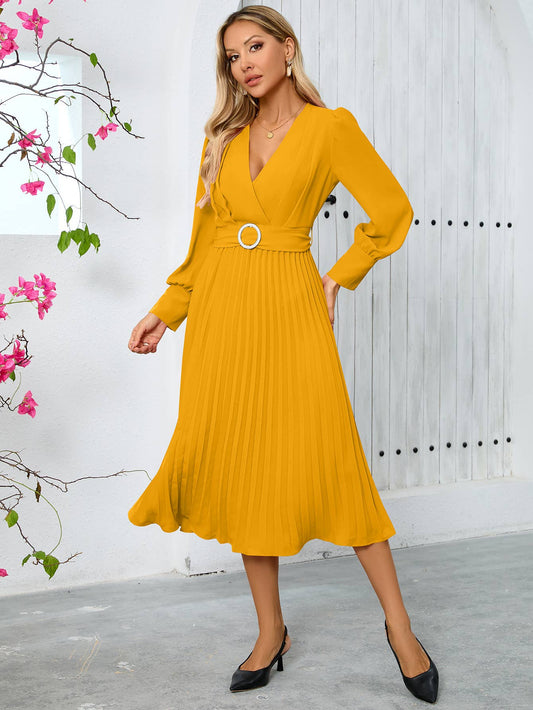 Elegant Pleated V-Neck Long Sleeve Bodycon Dress