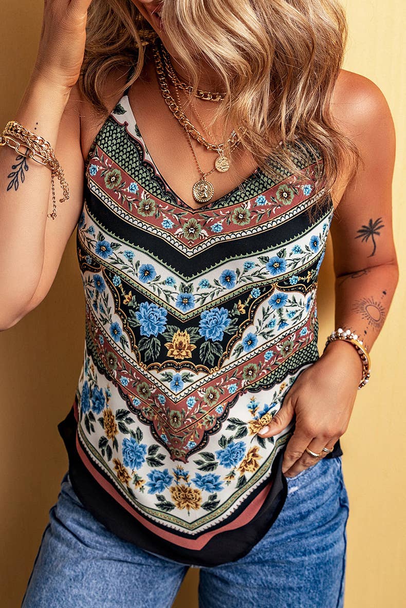 Ethnic-style printed V-neck halter top