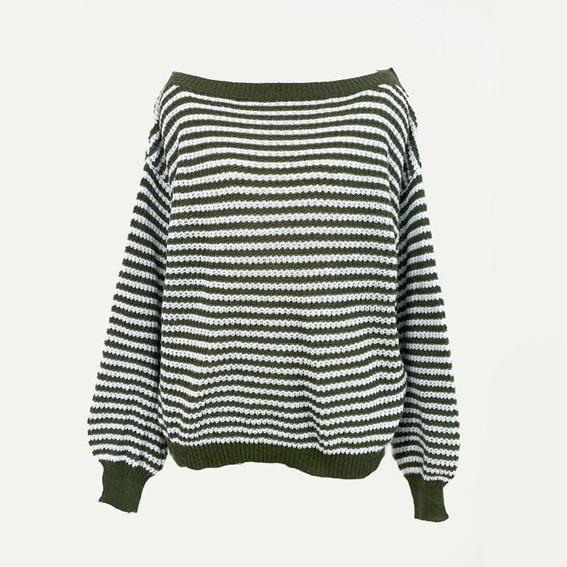 Striped off-the-shoulder sleeve knitted sweater