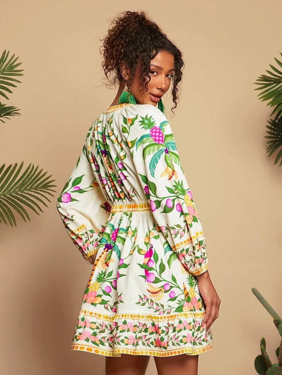 Bohemian V-Neck Three-Quarter Sleeve Mini Dress_Cwdsd8590