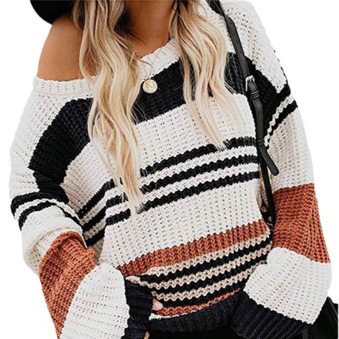 STRIPED COLOR CONTRAST KNIT CASUAL LOOSE SWEATER