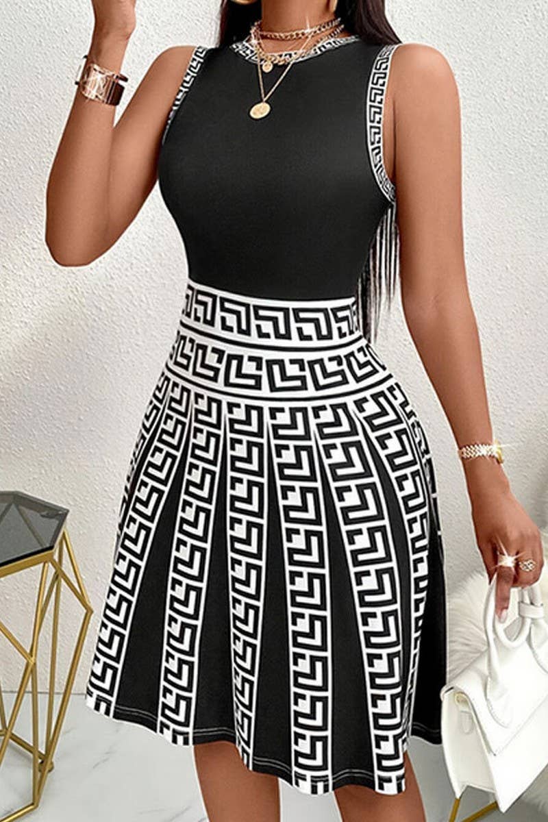 CWDSD7410_CONTRAST PRINT SLEEVELESS KNITTED A-LINE DRESS