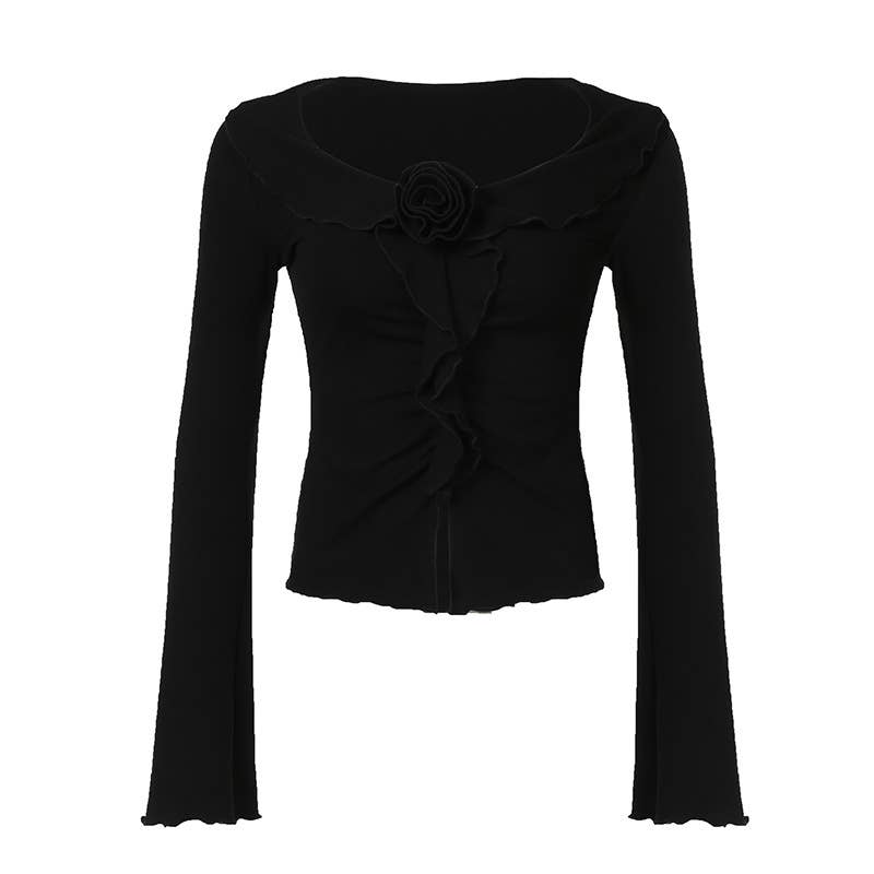 THREE-DIMENSIONAL ROSE FLARED SLEEVE T-SHIRT