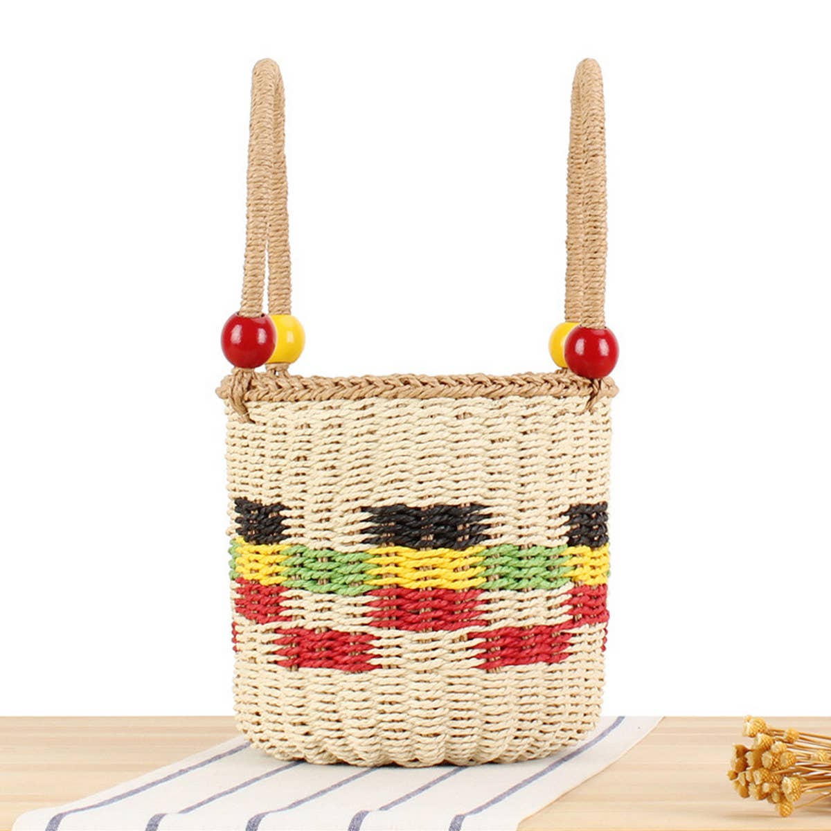 TWO-TONE BEADED PLAID STRAW BUCKET BAG_CWAB2110