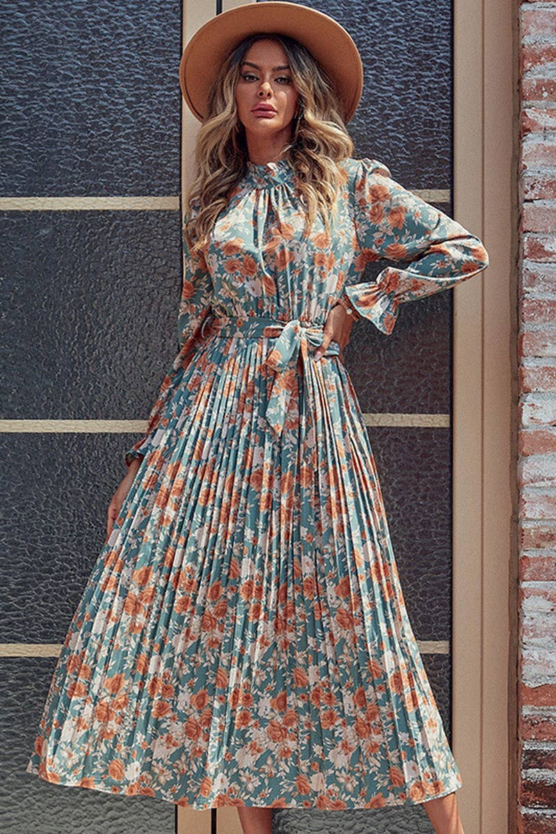 CWDMD3733_PRINTED LACE-UP PLEATED LONG DRESS