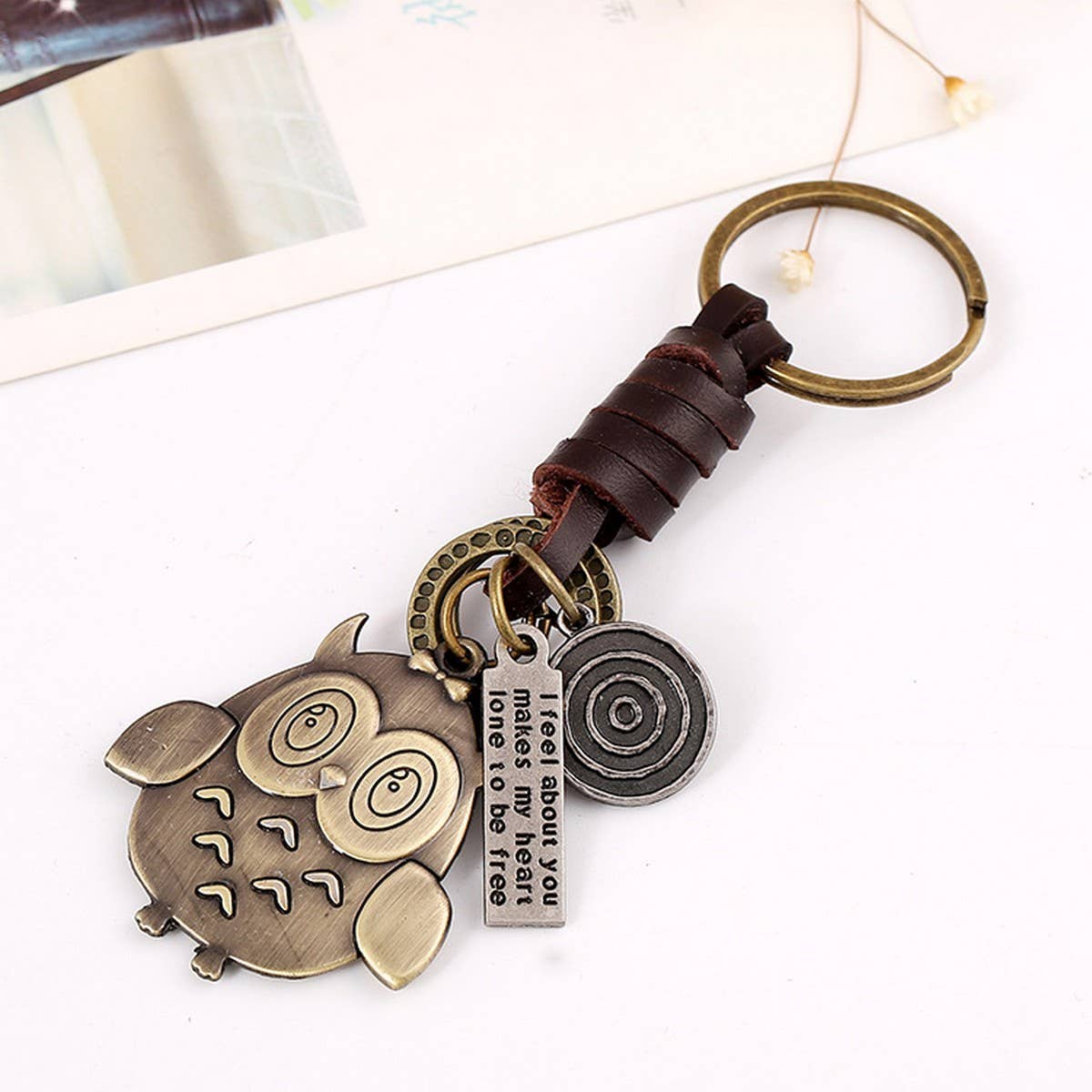VINTAGE BRONZE OWL BRAIDED COWHIDE KEYCHAIN