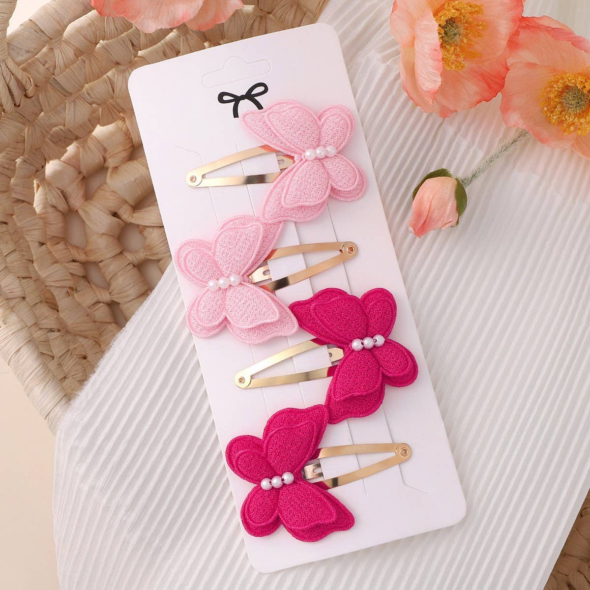 Double-Layer Pearl Bow Hair Clip Set for Kids