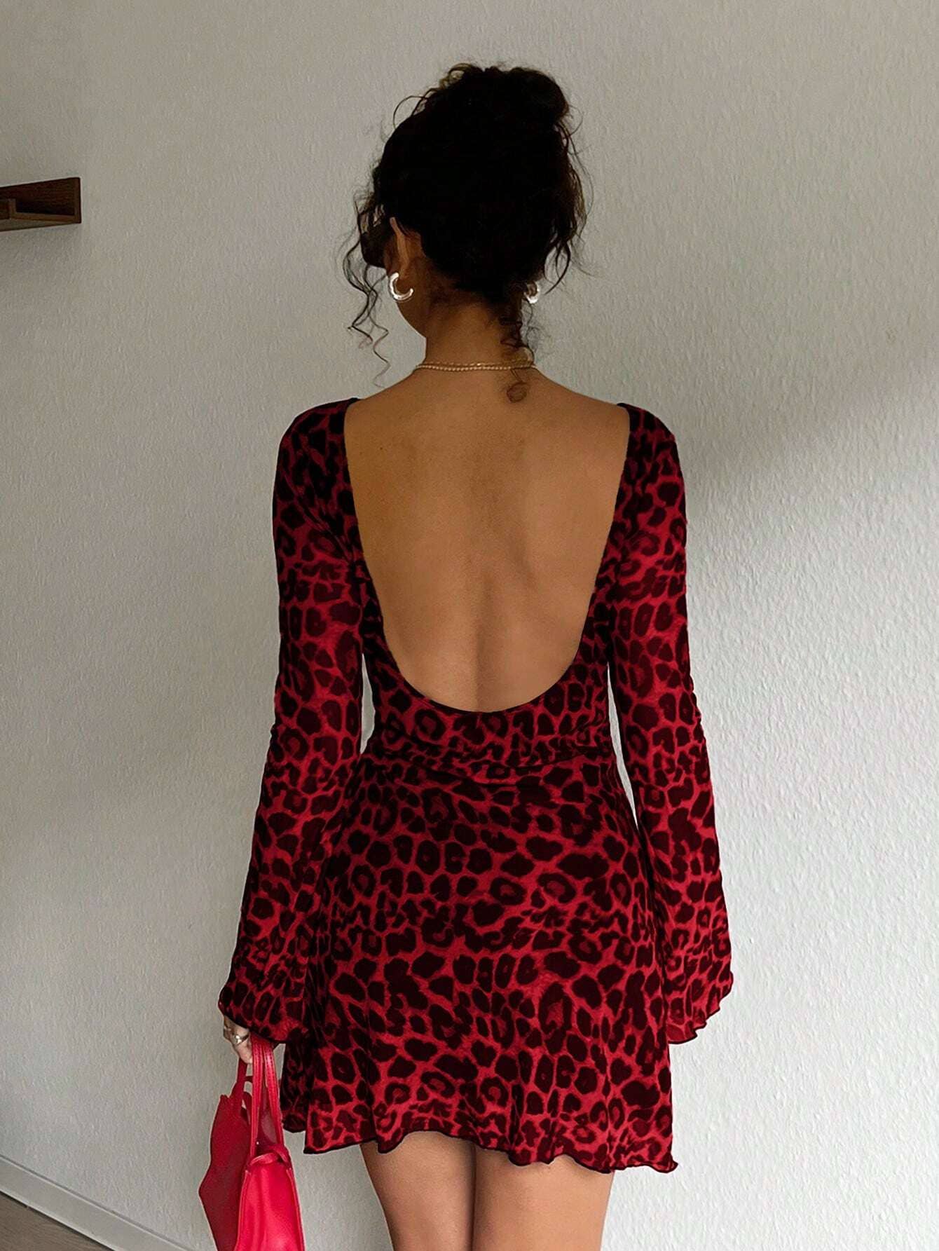 Leopard print mesh short sexy slim backless dress