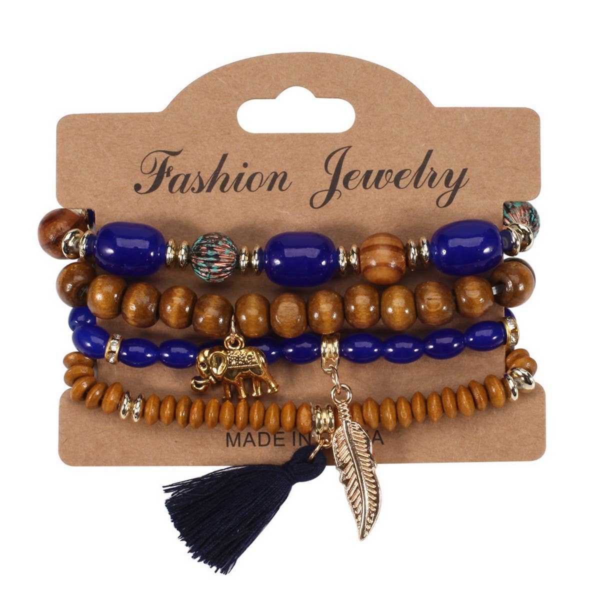 CWAJE05686_BOHO ELEPHANT LEAF TASSEL WOODEN BEADED BRACELET