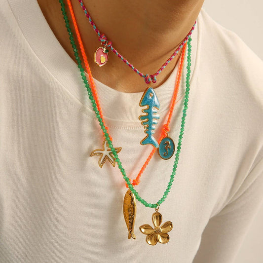 Ocean Style Stone Necklace with Fish Charm_CWMM8804