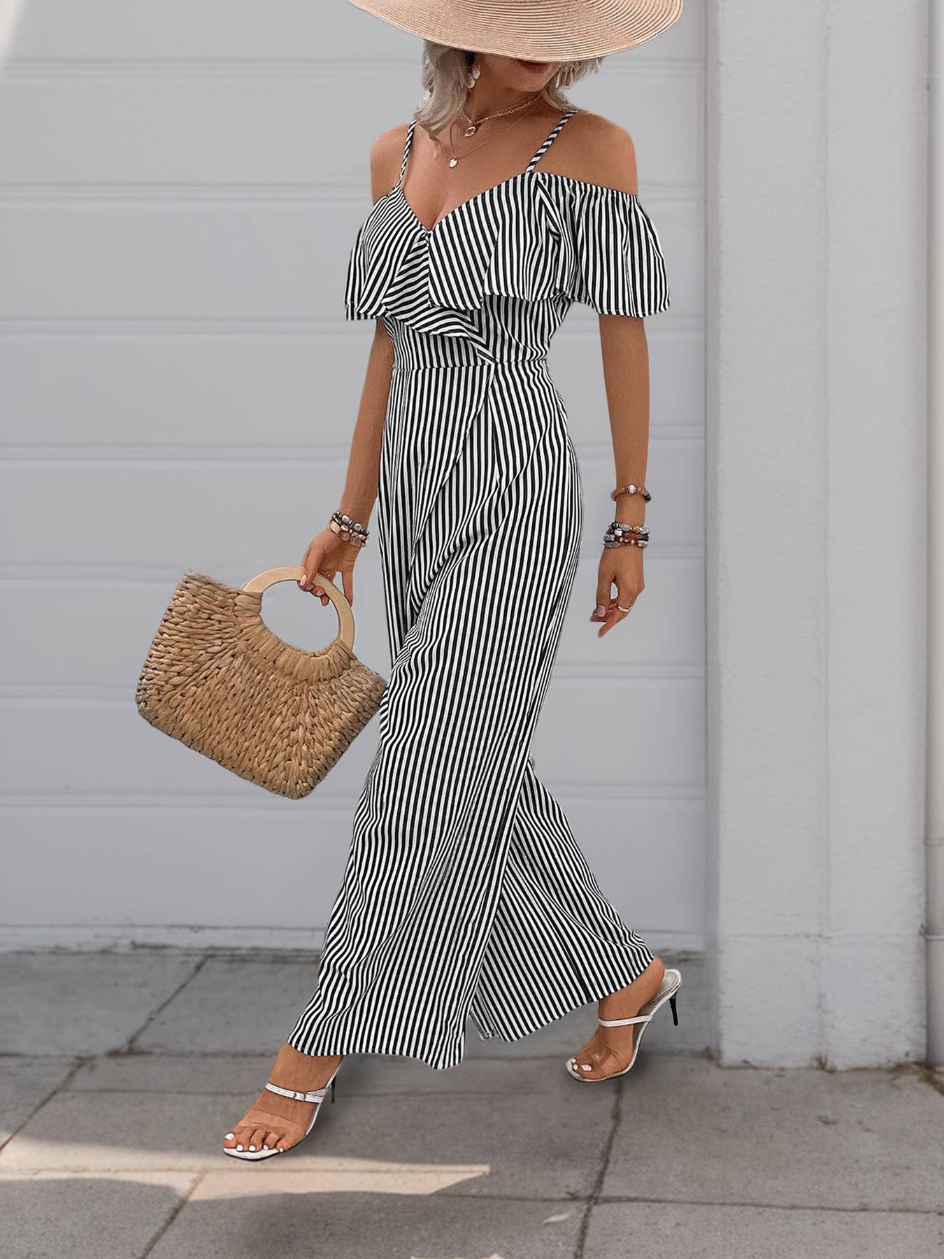 Long, wide-leg rompers with striped straps