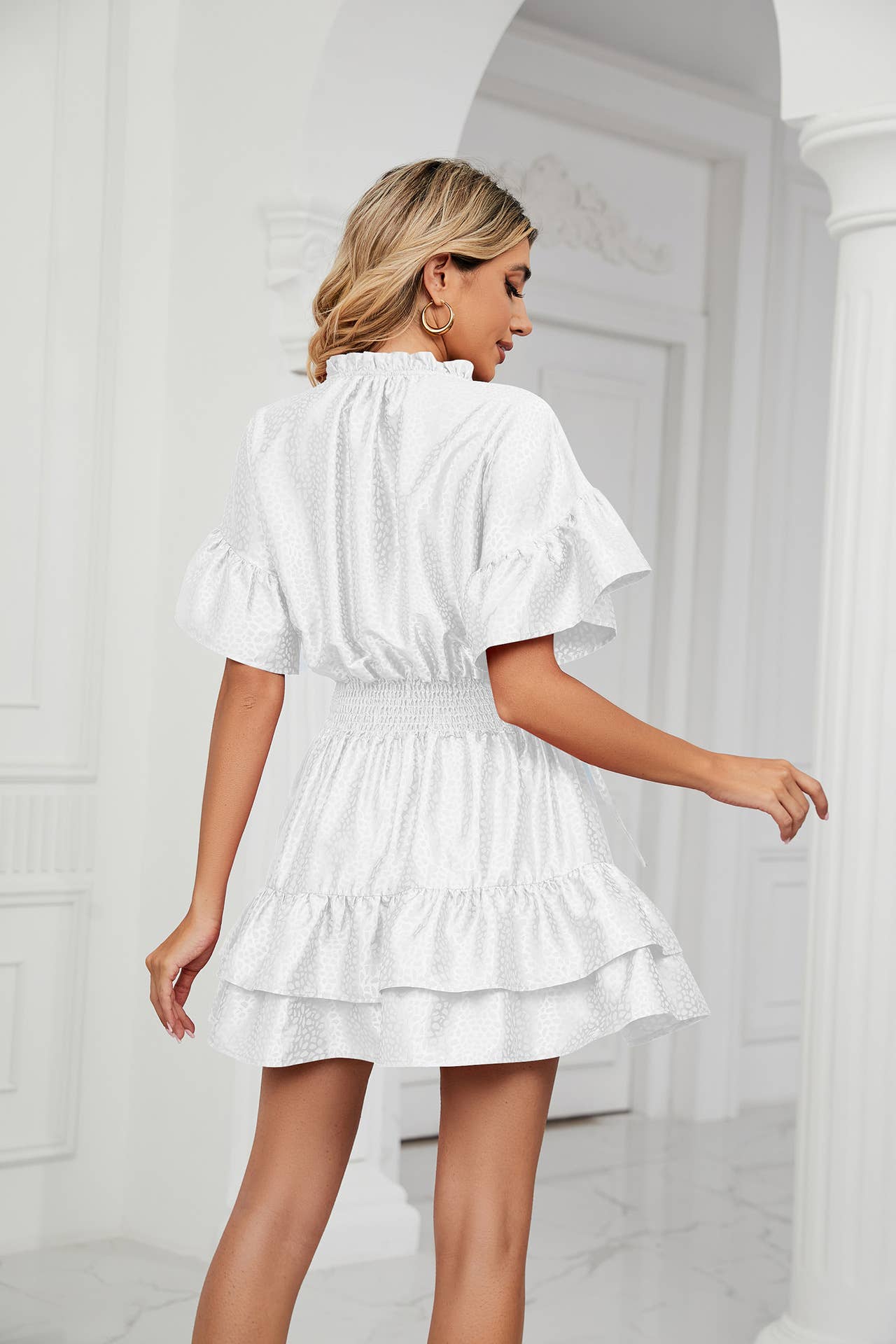 SATIN WAISTLINE V-NECK RUFFLED SKIRT DRESS