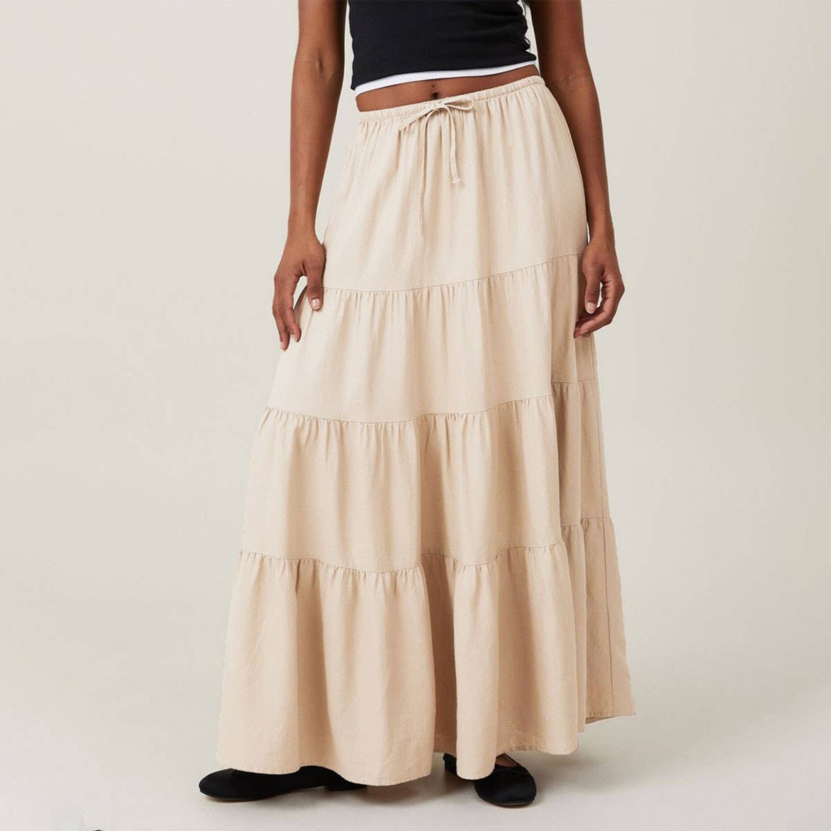 COTTON SKIRT HIGH WAIST ELASTIC TIE LONG SKIRT_CWAB4806